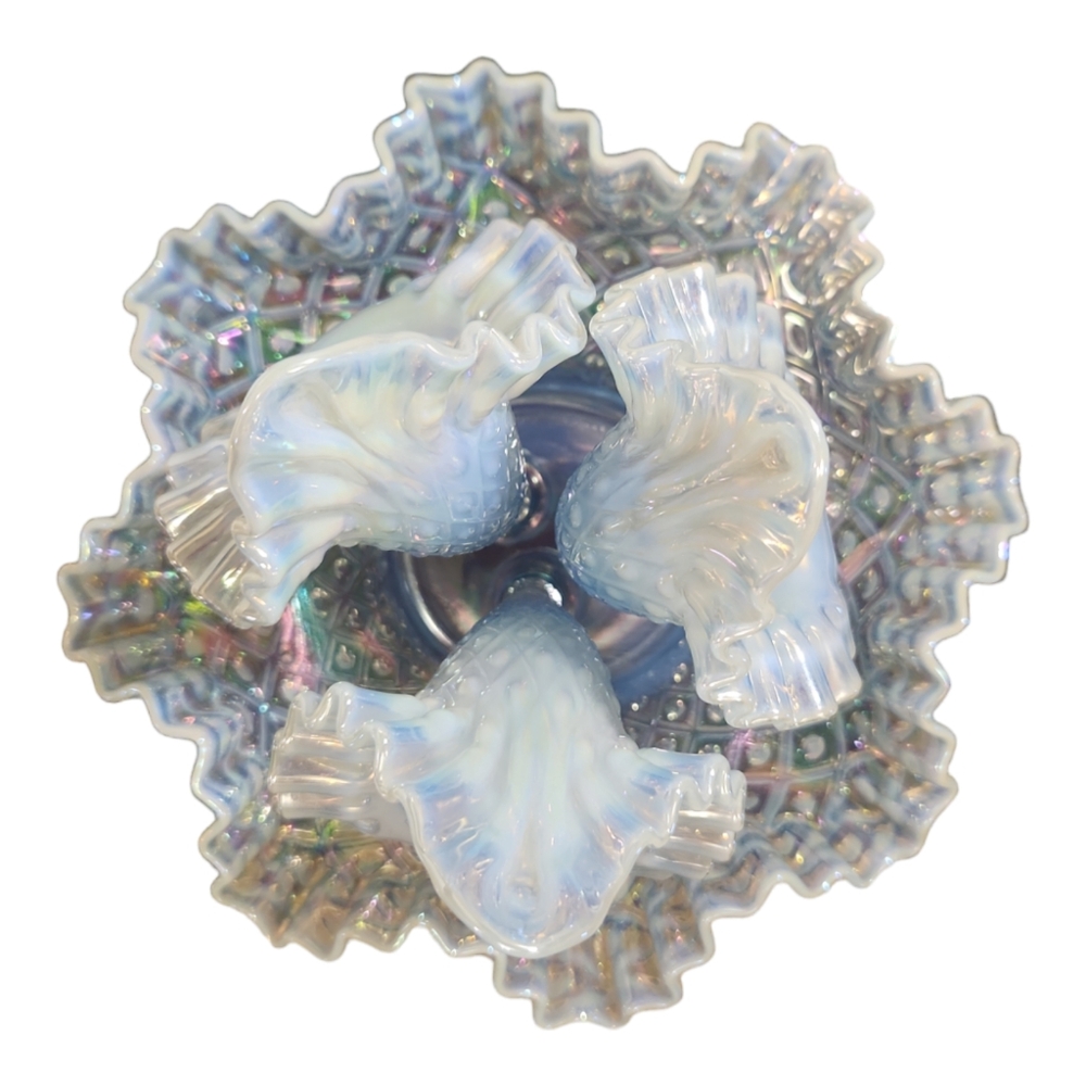 Vtg Fenton Opalescent Hobnail Diamond Lace 3 Horn Bowl - Picture 6 of 10